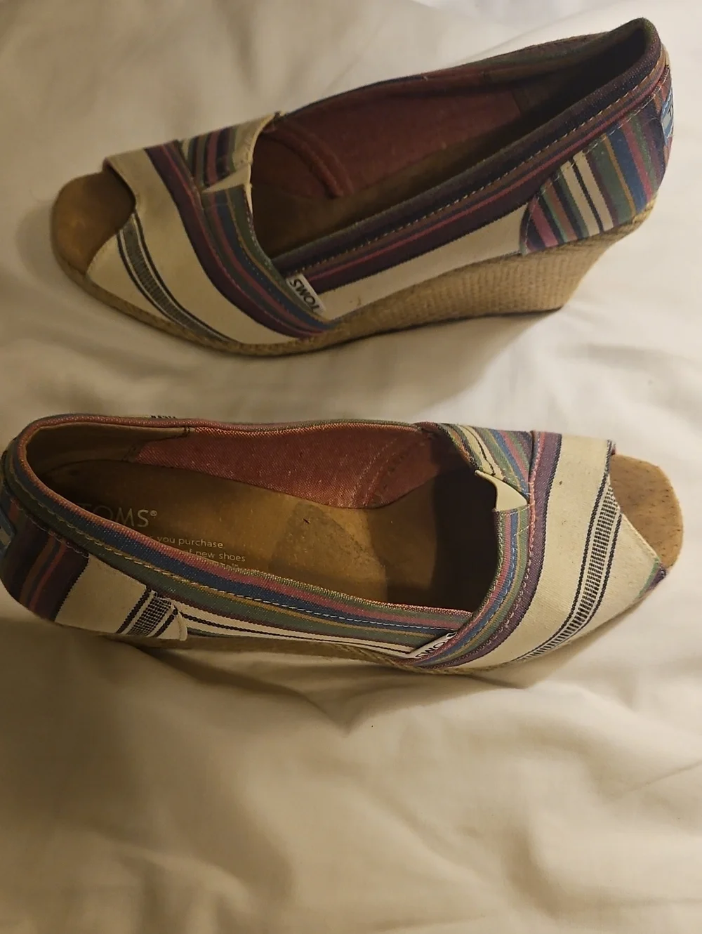 Toms Multicolor Striped Canvas Wedge Peep-Toe in Cream and Purple